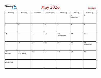 Current month calendar with Sweden holidays for May 2026