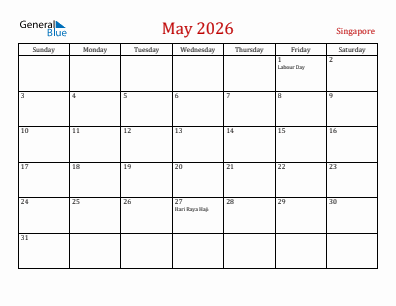 Current month calendar with Singapore holidays for May 2026