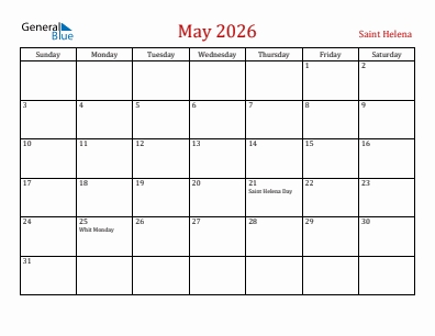 Current month calendar with Saint Helena holidays for May 2026