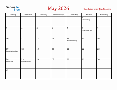 Current month calendar with Svalbard and Jan Mayen holidays for May 2026