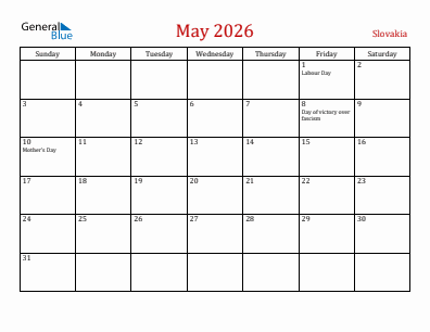 Current month calendar with Slovakia holidays for May 2026