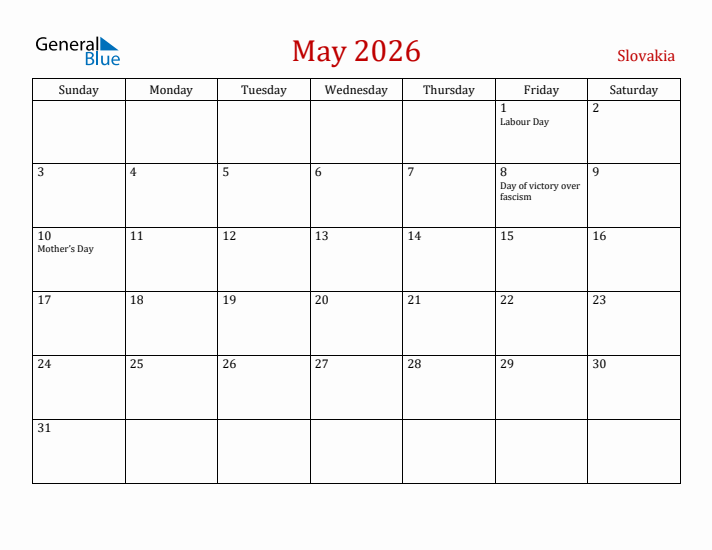 Slovakia May 2026 Calendar - Sunday Start