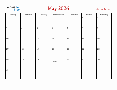 Current month calendar with Sierra Leone holidays for May 2026