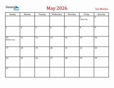 Current month calendar with San Marino holidays for May 2026