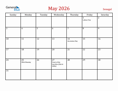 Current month calendar with Senegal holidays for May 2026