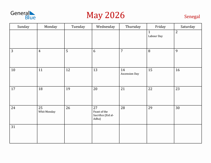 Senegal May 2026 Calendar - Sunday Start