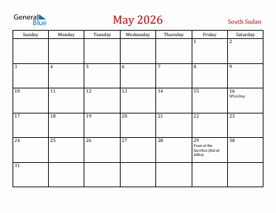 Current month calendar with South Sudan holidays for May 2026