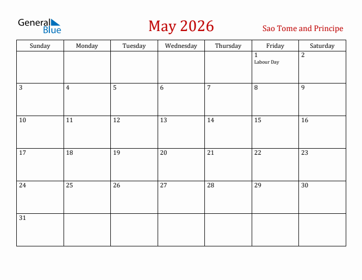 Sao Tome and Principe May 2026 Calendar - Sunday Start