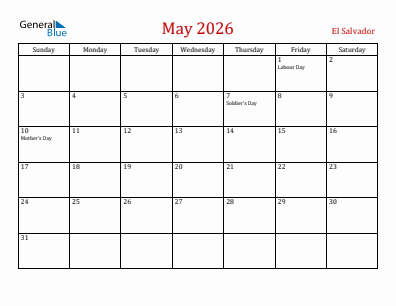Current month calendar with El Salvador holidays for May 2026