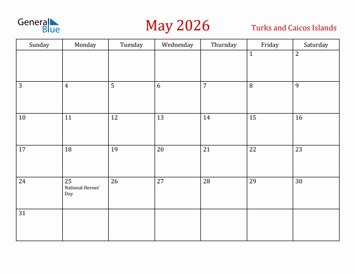 Turks and Caicos Islands May 2026 Calendar - Sunday Start