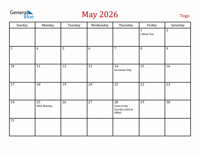 Current month calendar with Togo holidays for May 2026