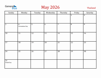 Current month calendar with Thailand holidays for May 2026