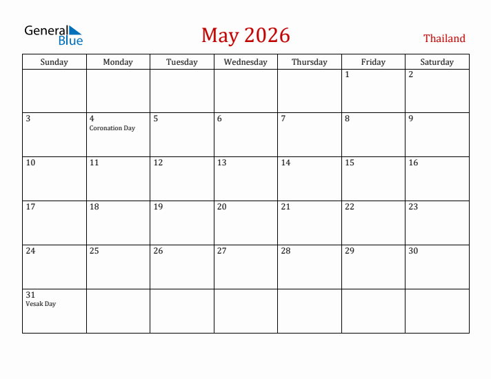 Thailand May 2026 Calendar - Sunday Start