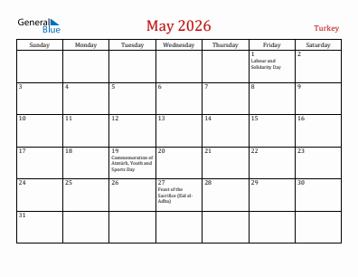 Current month calendar with Turkey holidays for May 2026