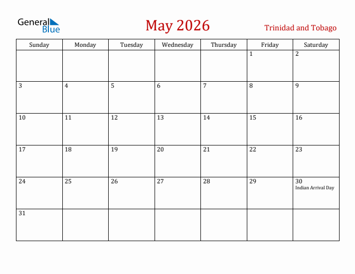 Trinidad and Tobago May 2026 Calendar - Sunday Start