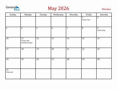 Current month calendar with Ukraine holidays for May 2026