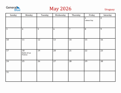 Current month calendar with Uruguay holidays for May 2026