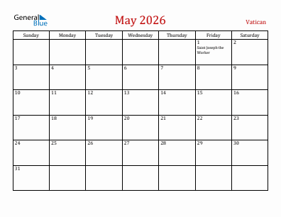 Current month calendar with Vatican holidays for May 2026