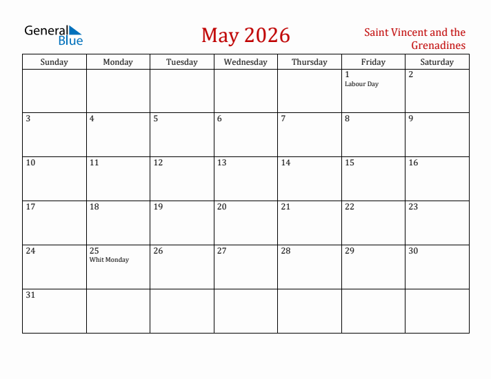Saint Vincent and the Grenadines May 2026 Calendar - Sunday Start