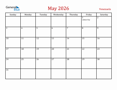 Current month calendar with Venezuela holidays for May 2026