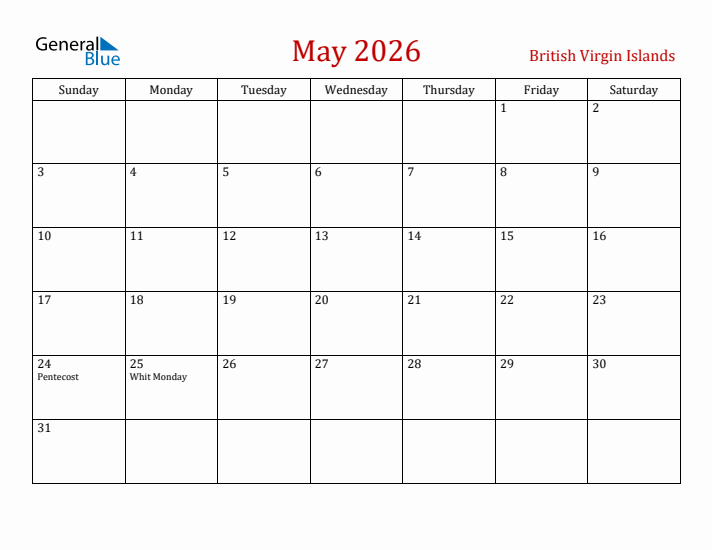 British Virgin Islands May 2026 Calendar - Sunday Start