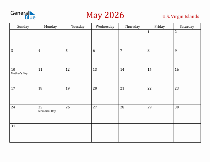 U.S. Virgin Islands May 2026 Calendar - Sunday Start