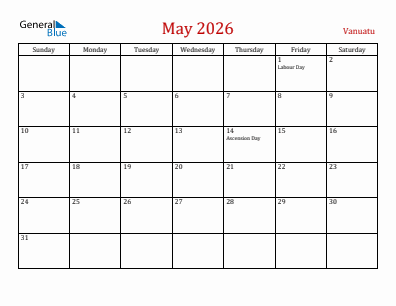 Current month calendar with Vanuatu holidays for May 2026