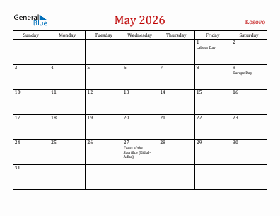 Current month calendar with Kosovo holidays for May 2026