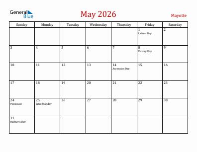 Current month calendar with Mayotte holidays for May 2026