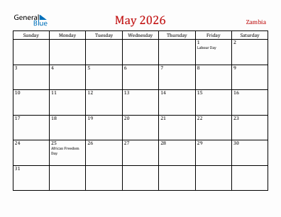 Current month calendar with Zambia holidays for May 2026