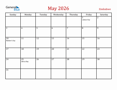 Current month calendar with Zimbabwe holidays for May 2026