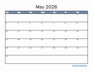 Next month calendar May 2026
