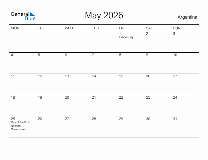 Printable May 2026 Calendar for Argentina