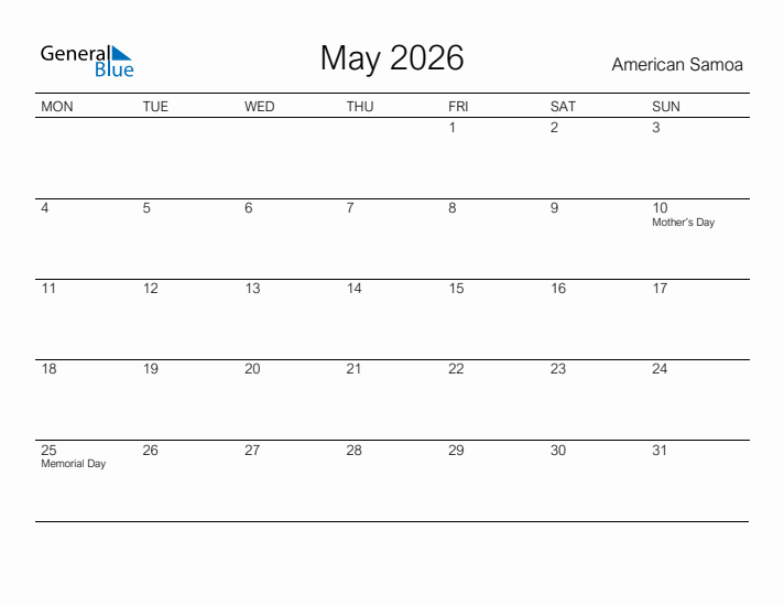 Printable May 2026 Calendar for American Samoa