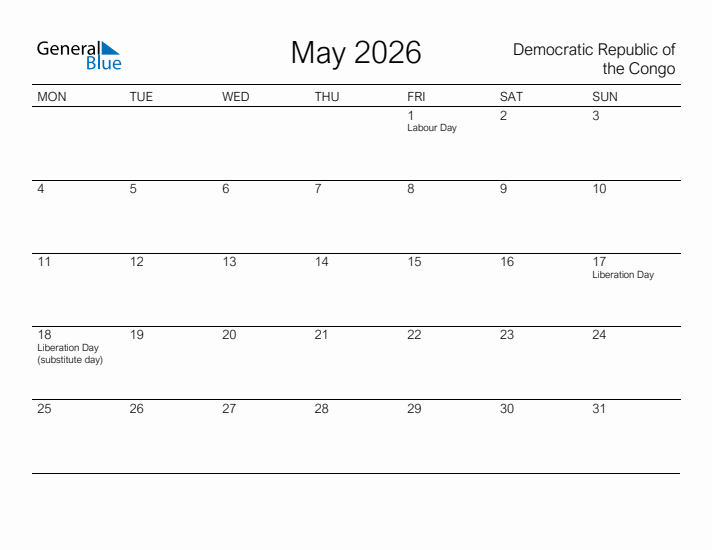 Printable May 2026 Calendar for Democratic Republic of the Congo