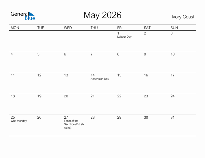 Printable May 2026 Calendar for Ivory Coast