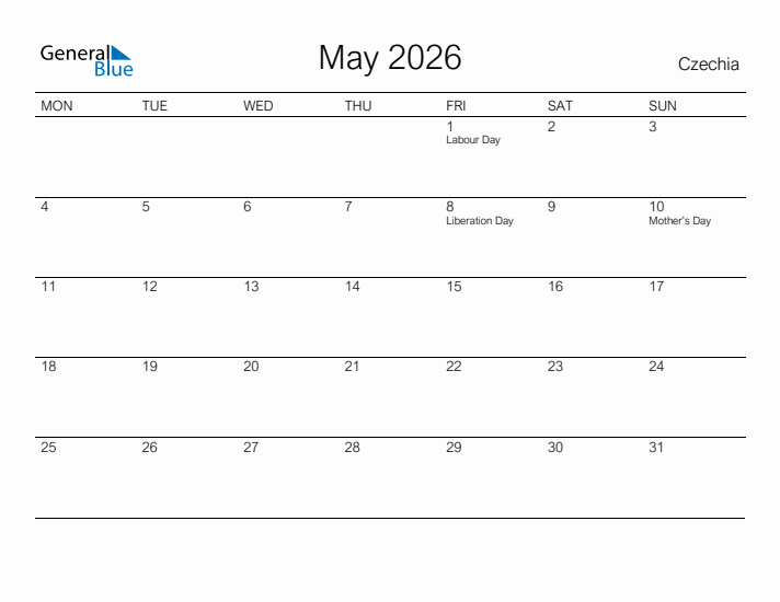 Printable May 2026 Calendar for Czechia