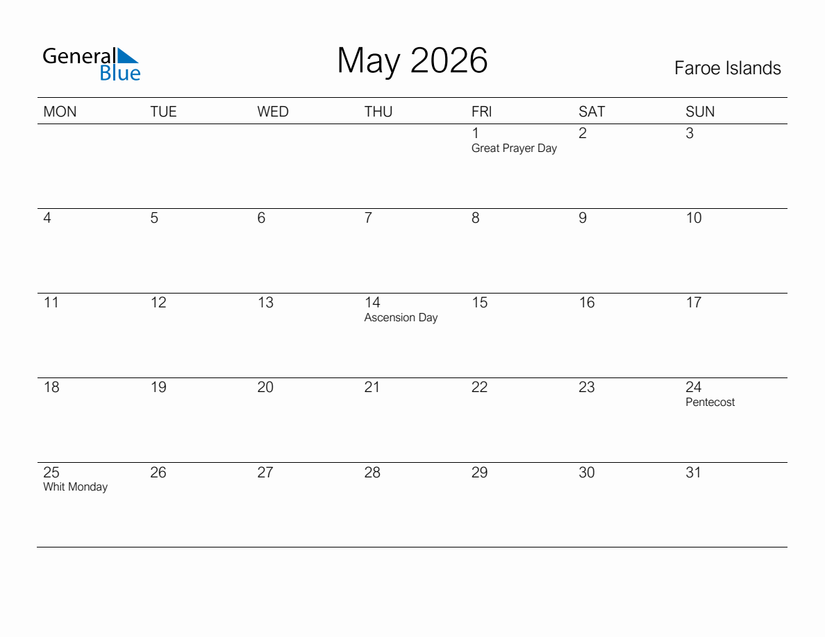 Printable May 2026 Monthly Calendar with Holidays for Faroe Islands ...
