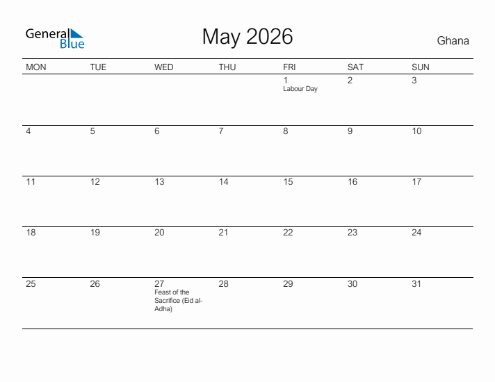Printable May 2026 Calendar for Ghana