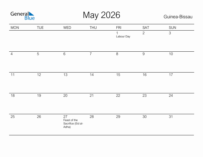 Printable May 2026 Calendar for Guinea-Bissau