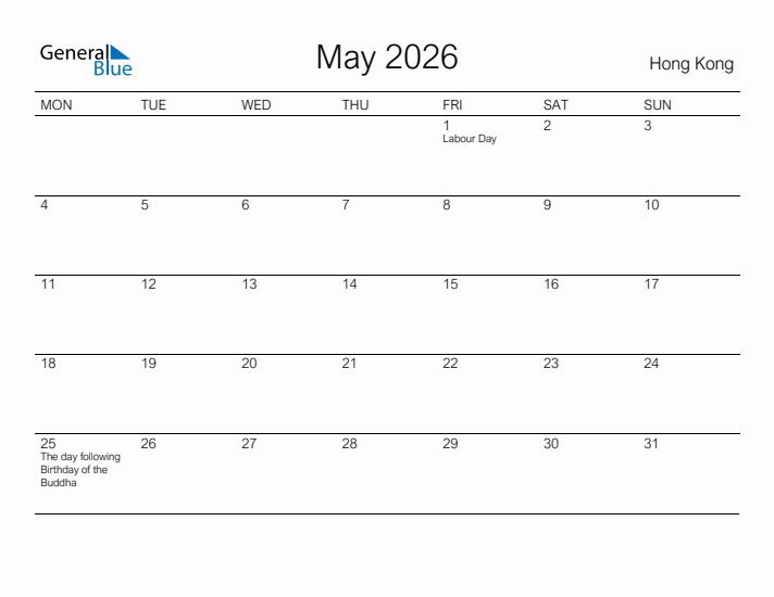 Printable May 2026 Calendar for Hong Kong