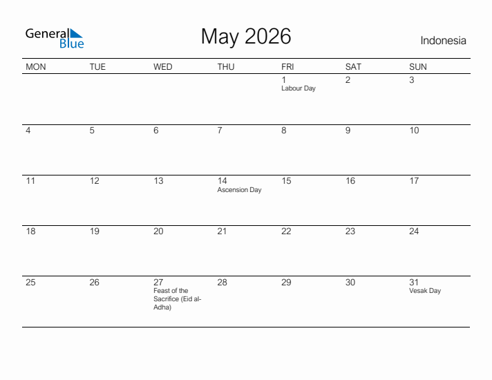Printable May 2026 Calendar for Indonesia