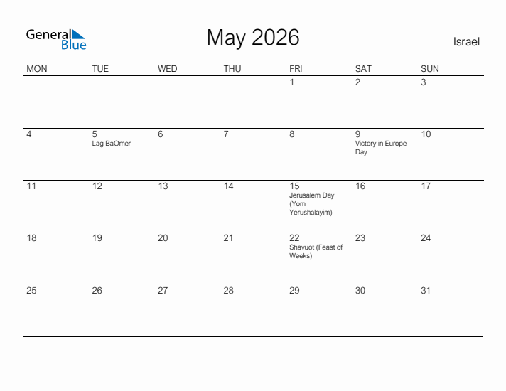 Printable May 2026 Calendar for Israel