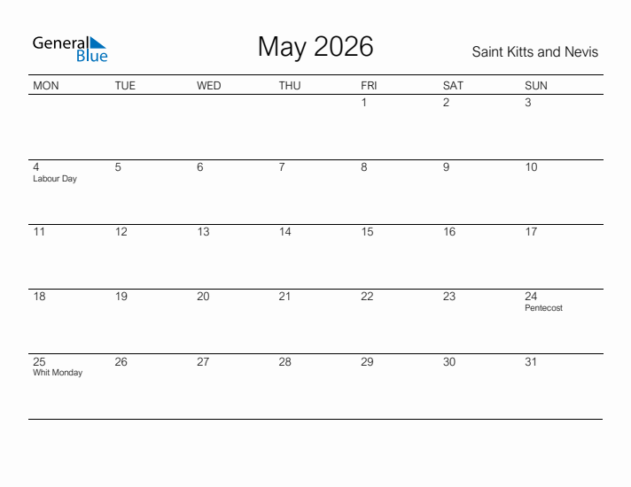 Printable May 2026 Calendar for Saint Kitts and Nevis