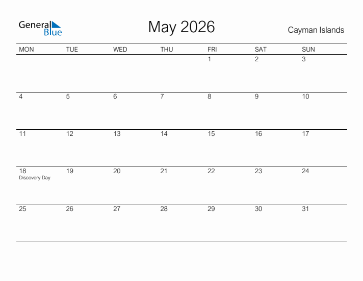 Printable May 2026 Calendar for Cayman Islands
