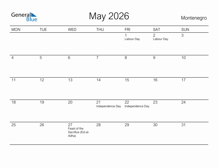 Printable May 2026 Calendar for Montenegro