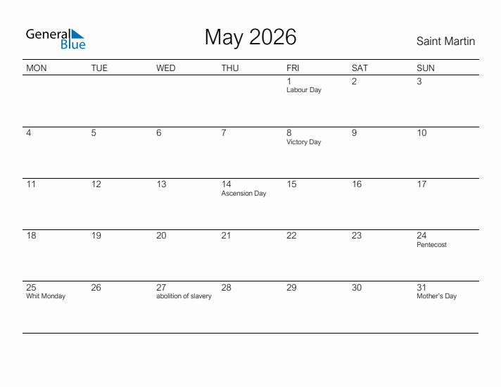Printable May 2026 Calendar for Saint Martin
