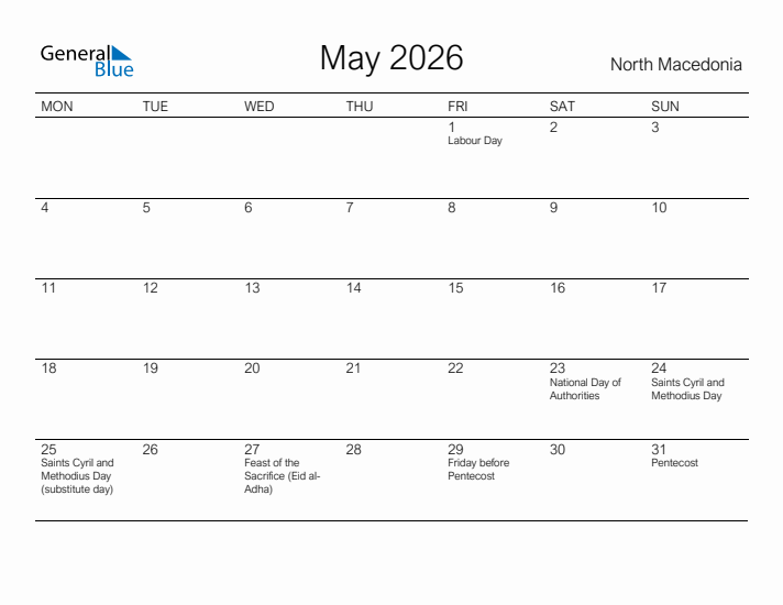 Printable May 2026 Calendar for North Macedonia