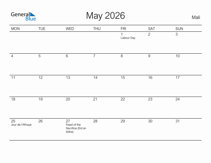 Printable May 2026 Calendar for Mali