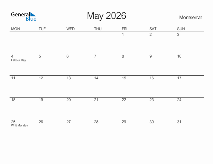 Printable May 2026 Calendar for Montserrat